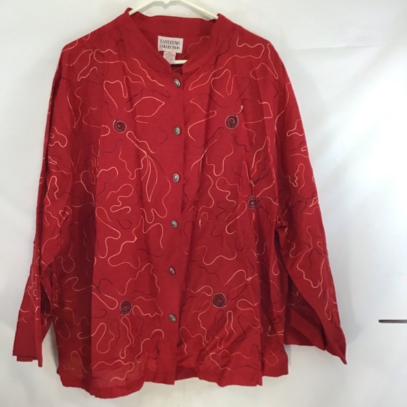 Tantrum Collections Made In India  Embroidered Beaded Red Silk Shirt Jacket 3X - Picture 3 of 11